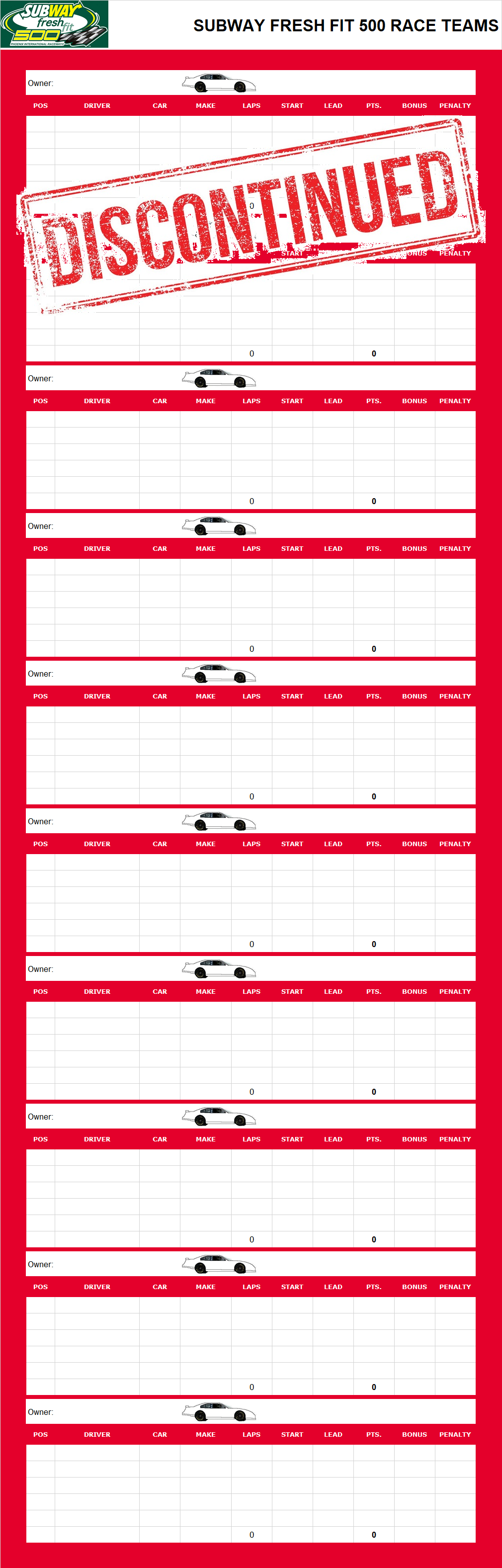Subway Fresh Fit 500 Race Teams