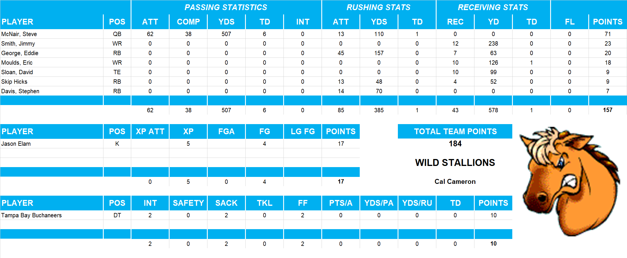 1999 National Football League Pool Playoff Team Stats