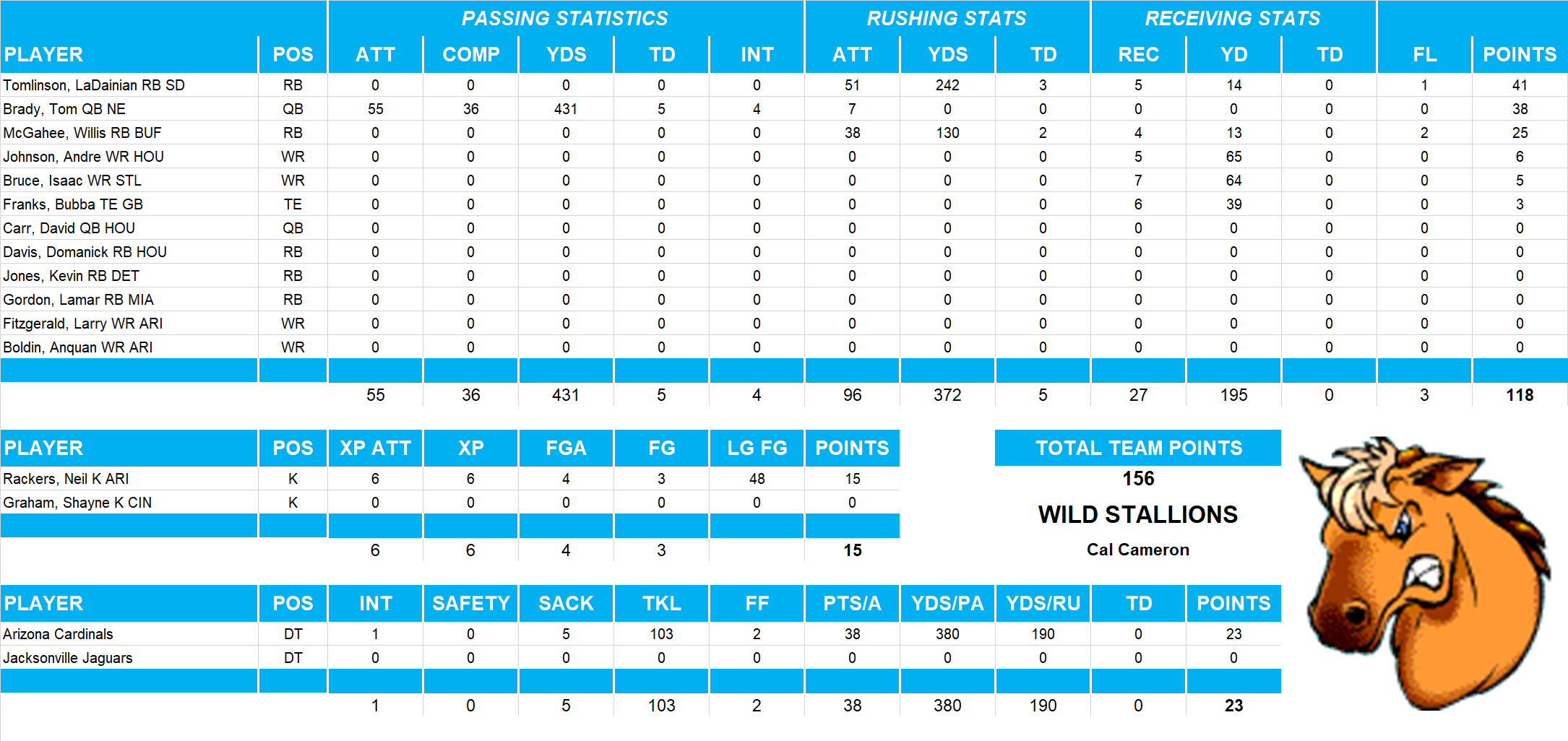 2004 National Football League Pool Playoff Team Stats