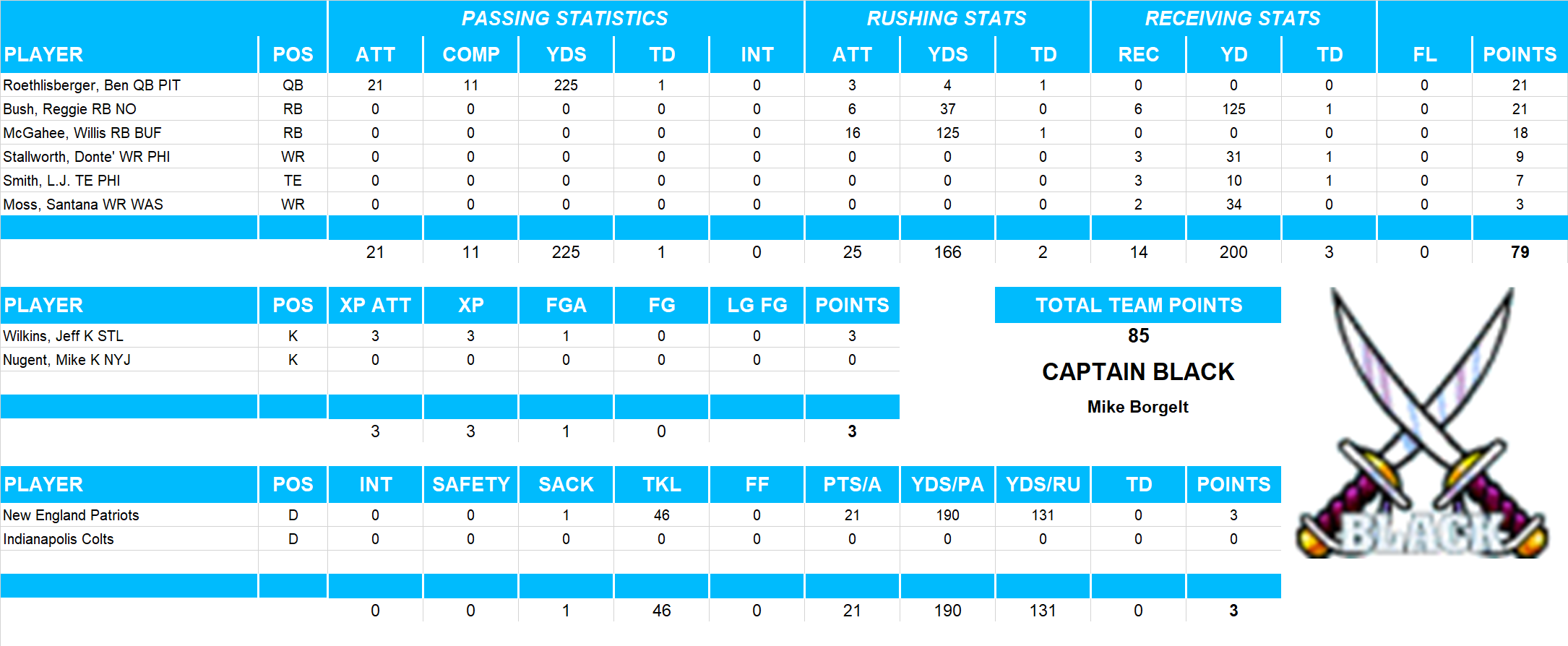 2006 National Football League Pool Playoff Team Stats