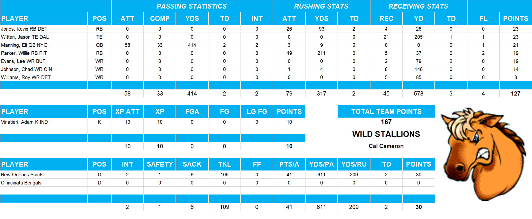 2007 National Football League Pool Playoff Team Stats