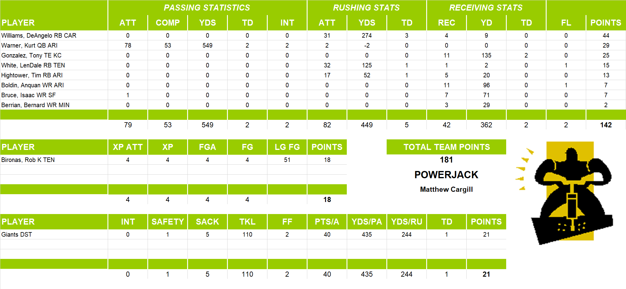 2008 National Football League Pool Playoff Team Stats