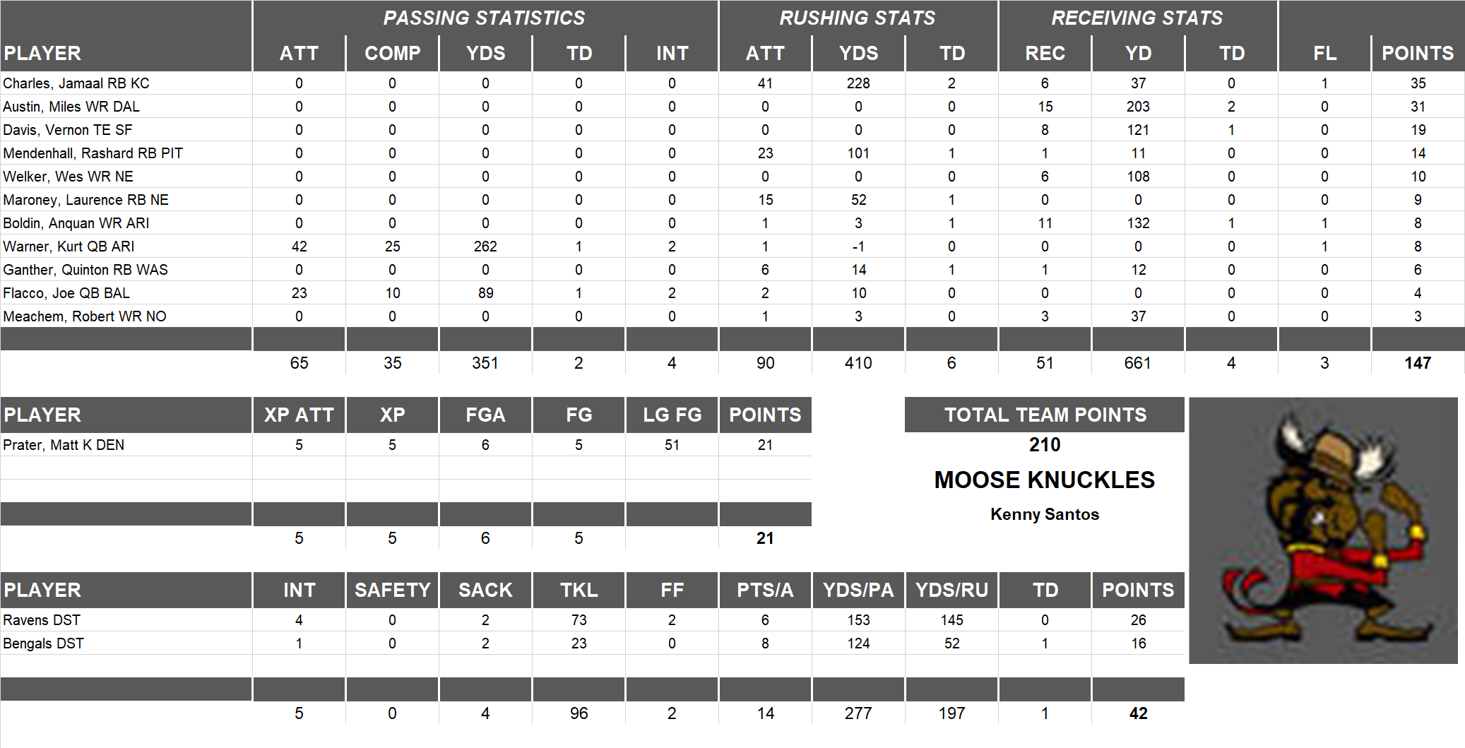 2009 National Football League Pool Playoff Team Stats