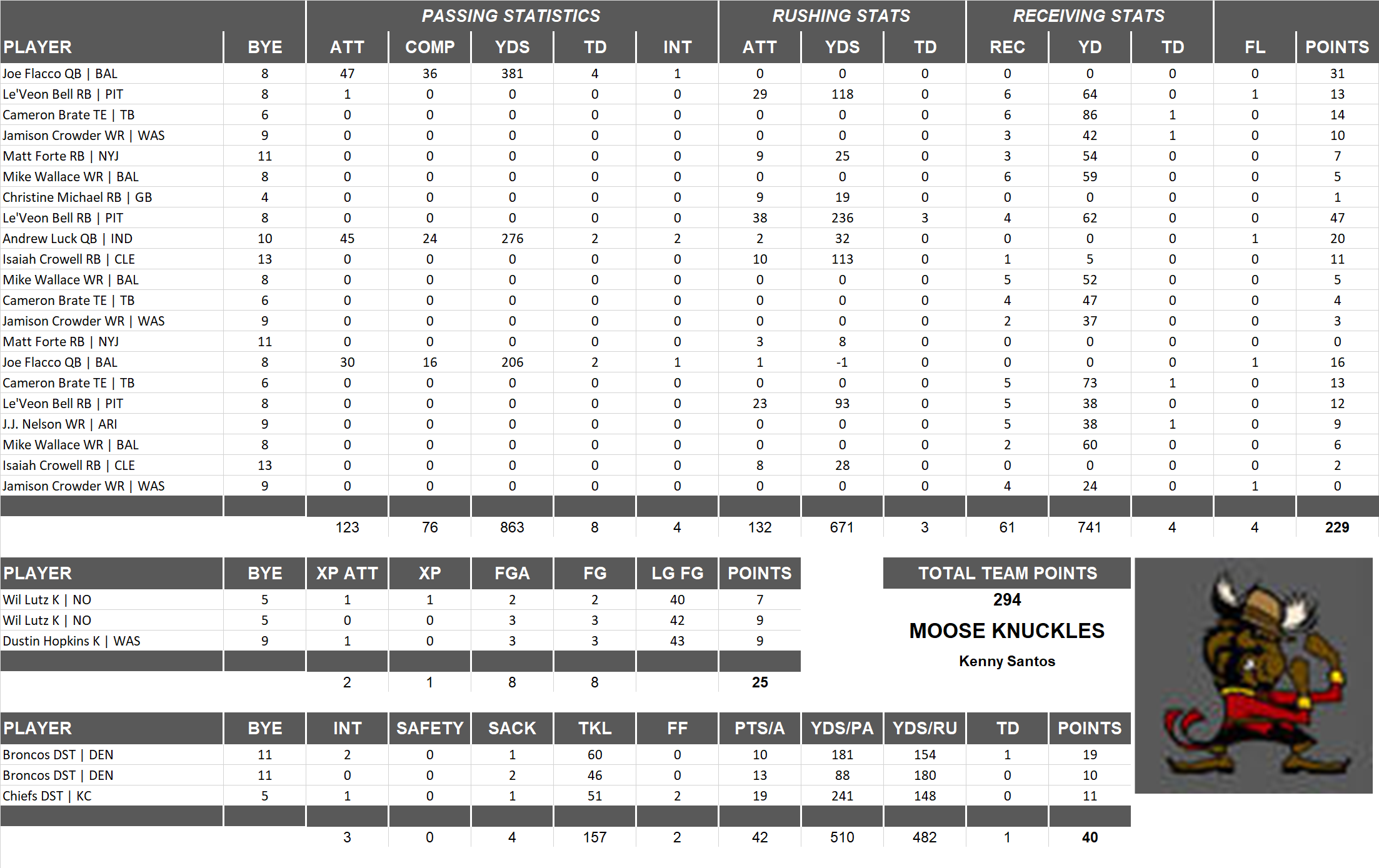 2016 National Football League Pool Playoff Team Stats