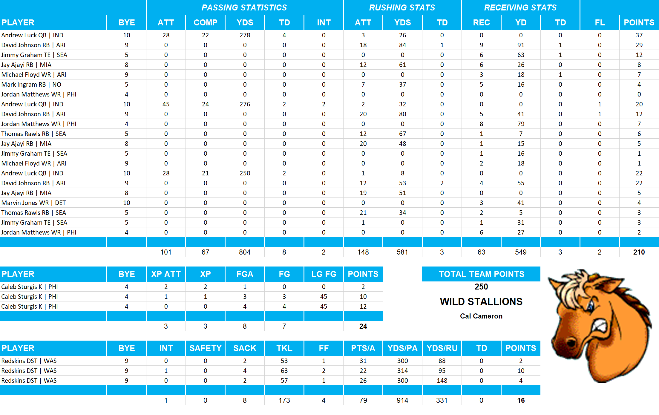 2016 National Football League Pool Playoff Team Stats