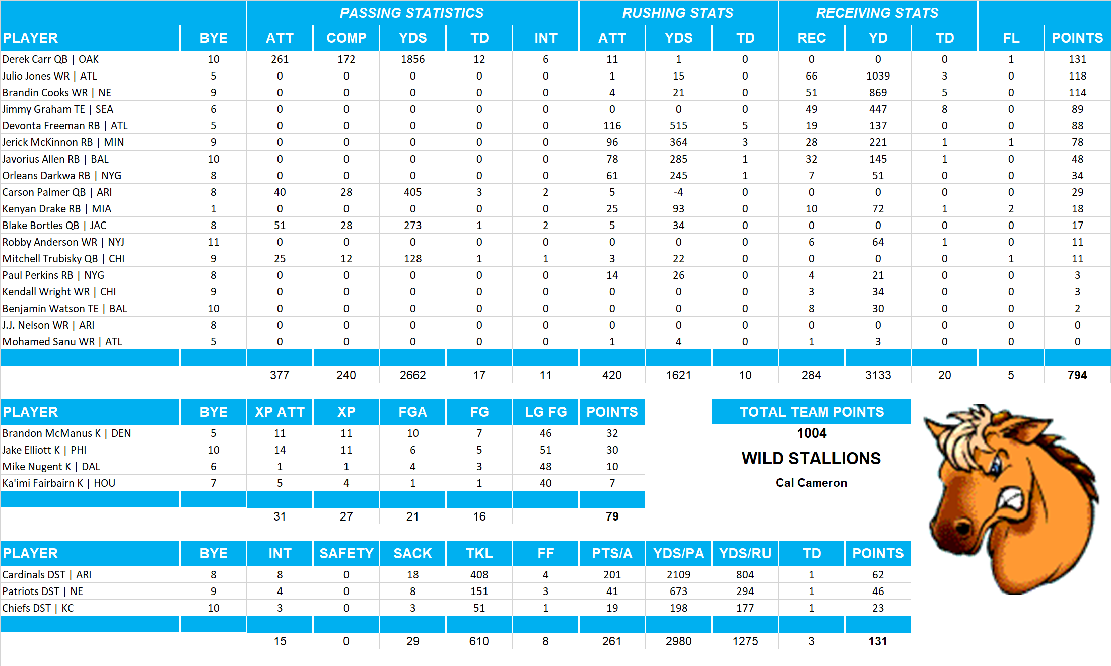 2017 National Football League Pool Team Stats