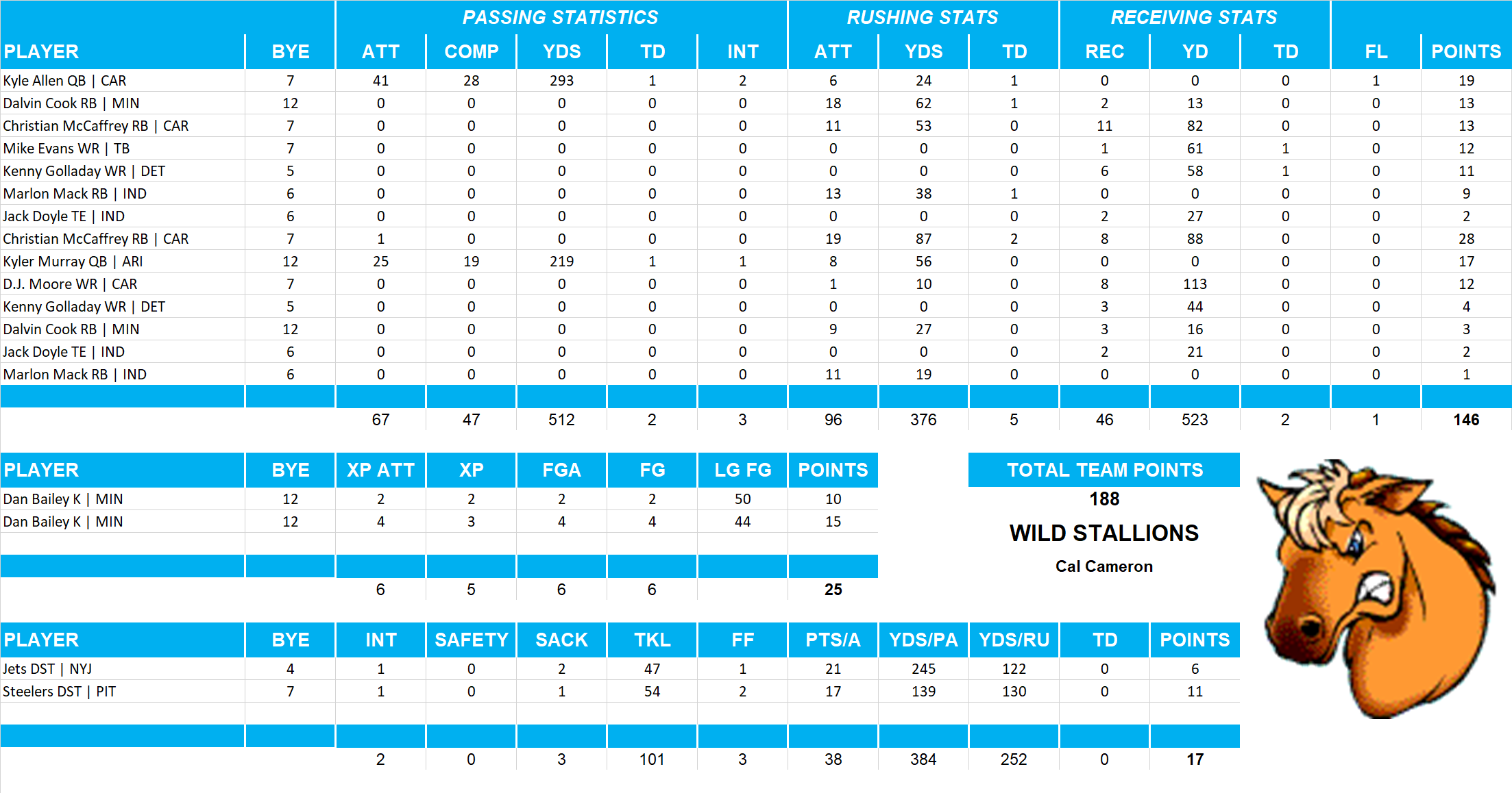 2019 National Football League Pool Playoff Team Stats