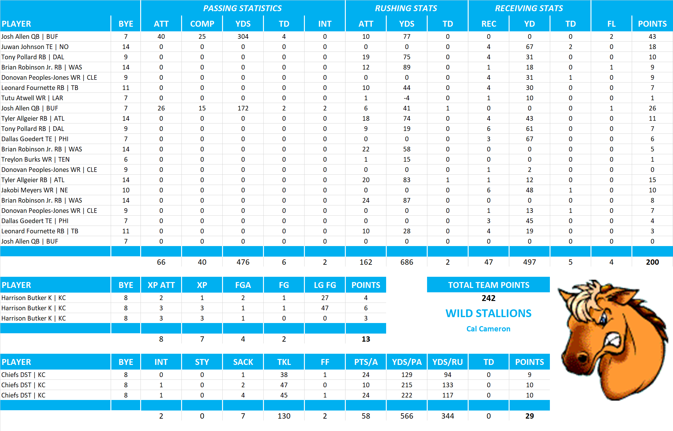 2022 National Football League Pool Playoff Team Stats