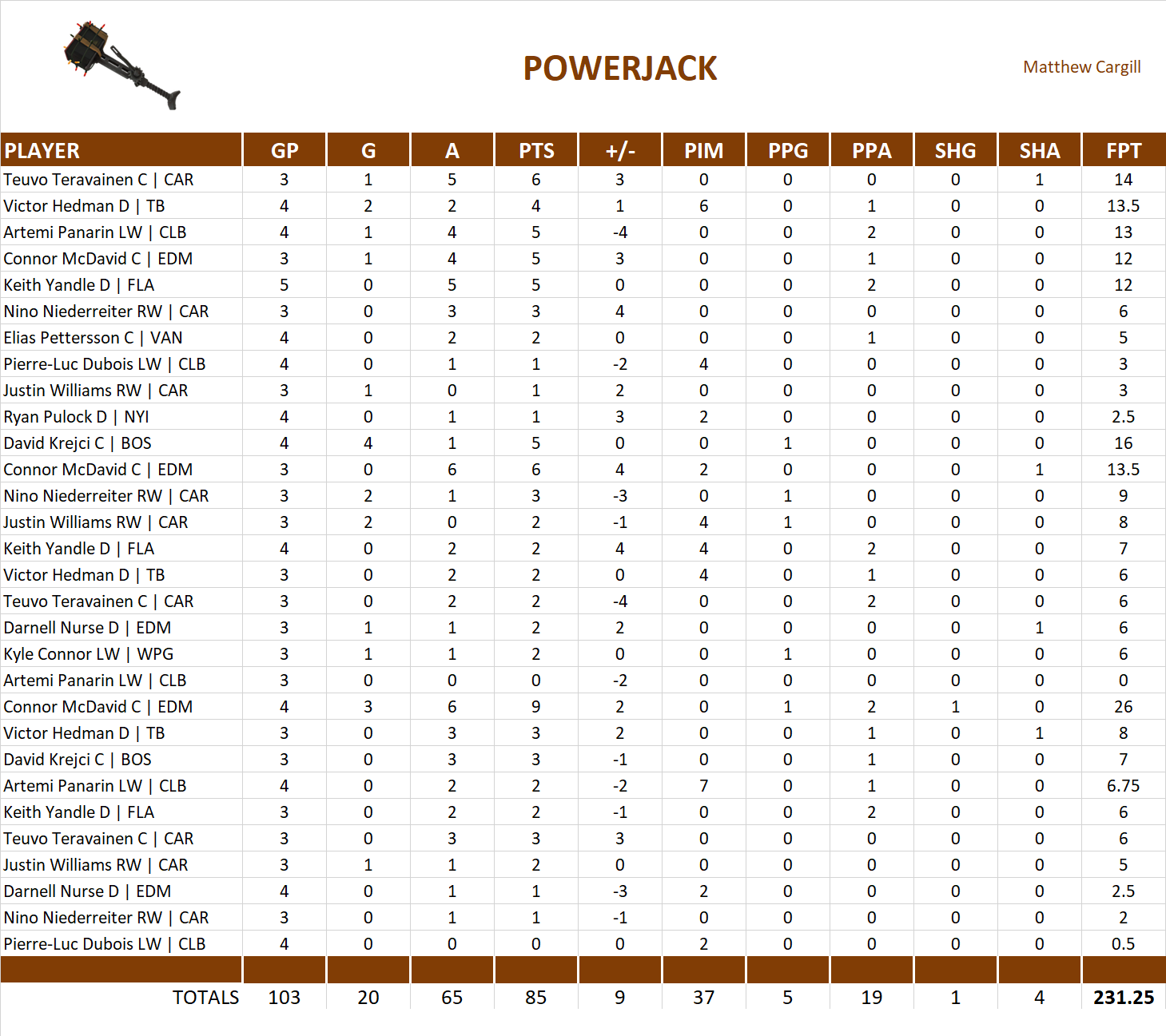 2018-2019 National Hockey League Pool Playoff Team Stats