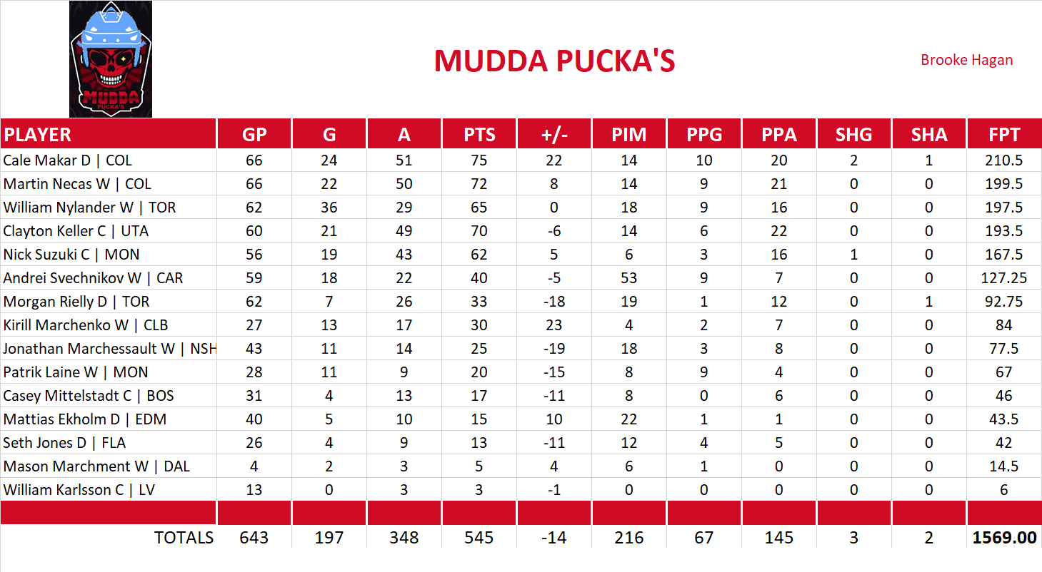 2024-2025 National Hockey League Pool Team Stats