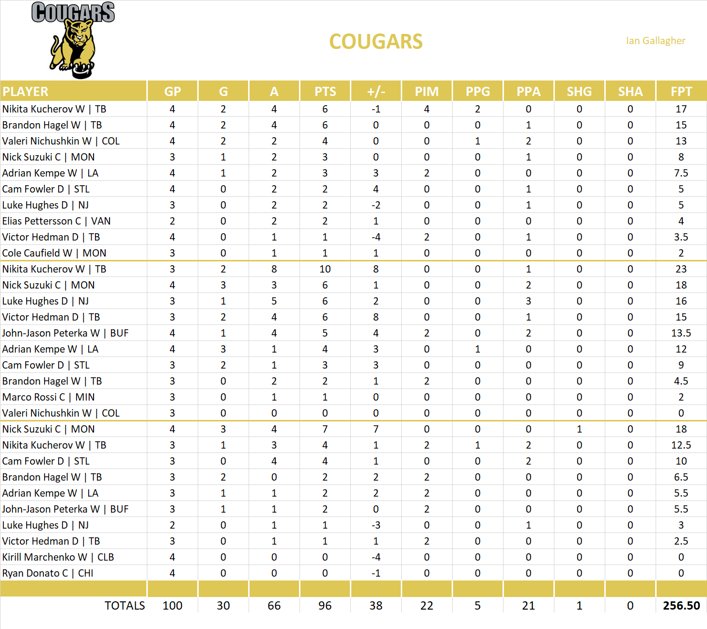 2024-2025 National Hockey League Pool Playoff Team Stats